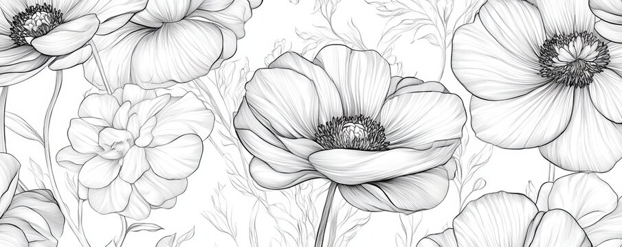 Seamless pattern featuring large, detailed flowers rendered in black and white, creating a sophisticated and timeless design