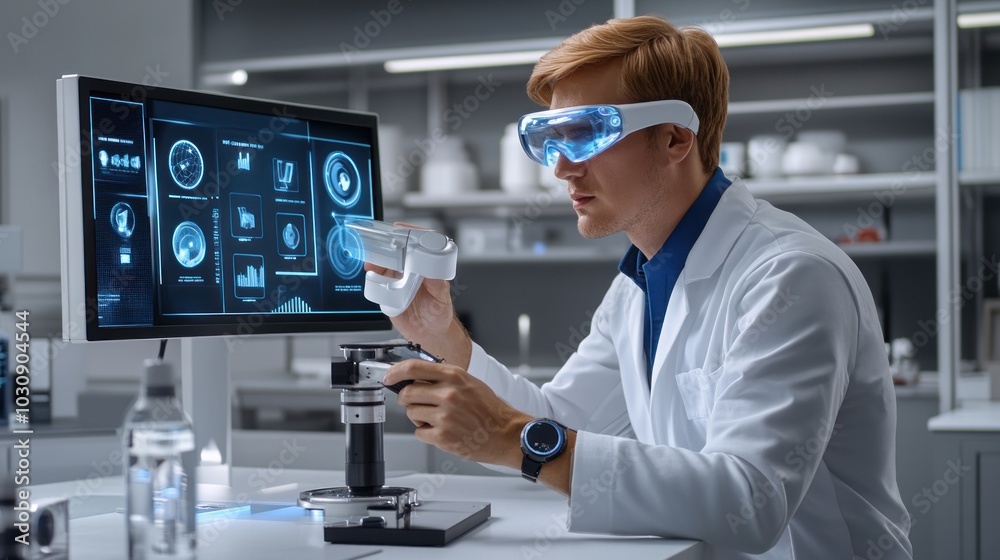 Poster scientist in a lab using technology with a computer monitor displaying data