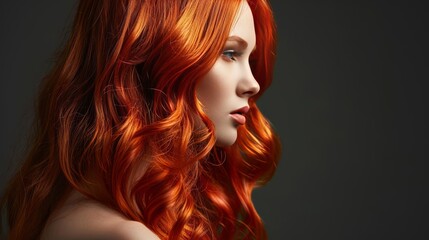 Fototapeta premium Long Curly Red Hair. Fashion Woman Portrait. Beauty Model Girl with Luxurious Hair, Make up. Hairstyle. Wavy Hair Extensions Concept. Holiday Makeup. Smoky eyes and Red lipstick