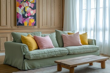 Fototapeta premium Minimalist, modern Scandinavian interiors in the living room with wooden board-finished walls and art frames hanging and sofas. Generative AI 