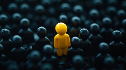 Obraz premium Yellow figurine stands out in a sea of black, symbolizing leadership, individuality, and courage. Embracing uniqueness in a crowd, it inspires hope and motivation against discrimination
