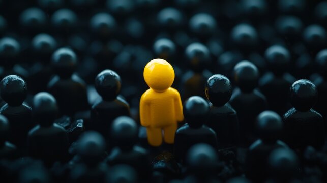 Yellow figurine stands out in a sea of black, symbolizing leadership, individuality, and courage. Embracing uniqueness in a crowd, it inspires hope and motivation against discrimination