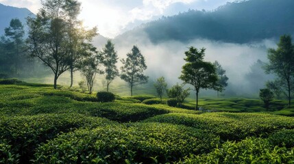 Obraz premium tea garden in the morning with cool weather