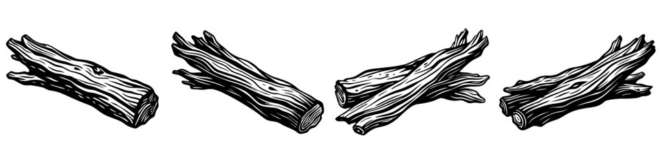 line art vector illustration collection of driftwood with wood cutting style. isolate on a white background. SVG and PNG
