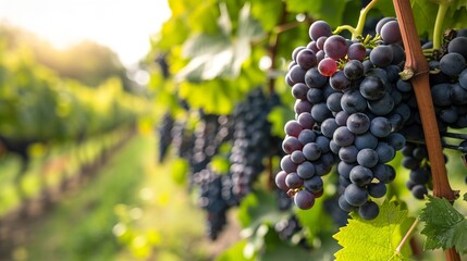 Fototapeta premium Purple Perfection: Captivating Close-Up of Vineyard's Bountiful Grape Clusters