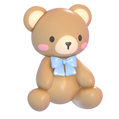 Cute 3d  teddy bear with blue ribbon bow kawaii illustration