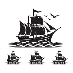 Junk boat silhouette on white background
