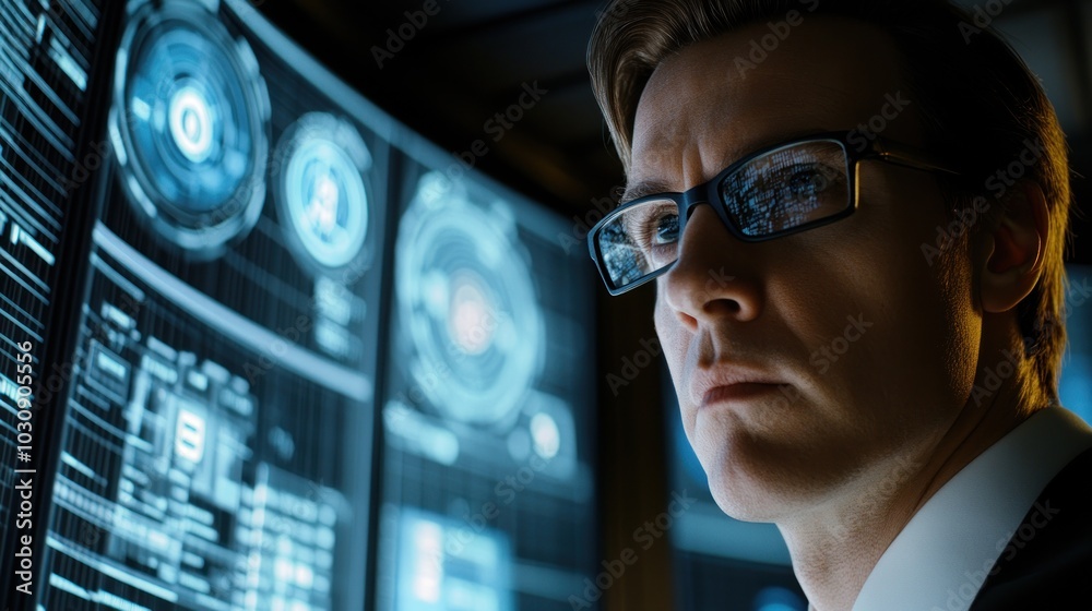 Poster man in glasses gazing at a screen filled with data