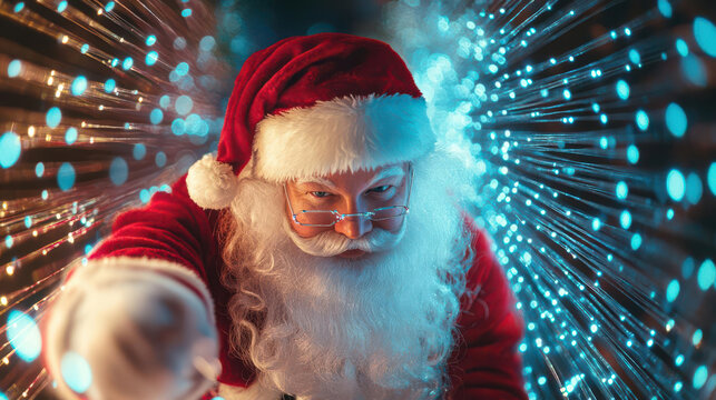 Santa Claus is rushing through the dimensional gate, network portal background symbolic of digital connections and Christmas spirit, futuristic festive networking