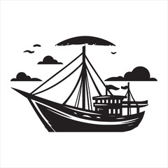 Junk boat silhouette on white background
