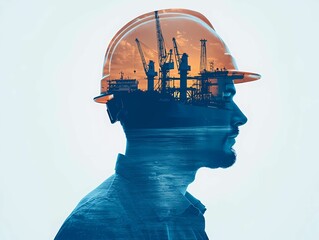 A double exposure image blending a silhouette of a worker with an industrial scene, representing the connection between people and the energy sector.