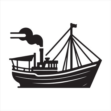 recommend clip art: Junk boat silhouette on white background
                    