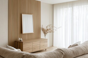 A Scandinavian interior in a modern designed living room with minimalist, wood cabinetry and sofa. Generative AI

