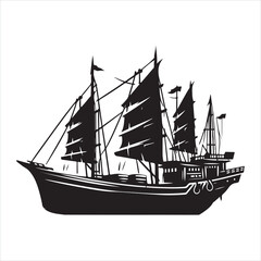 Junk boat silhouette on white background
