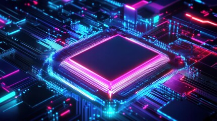 Obraz premium Futuristic Computer Processor with Neon Lights - High-Resolution Tech Concept of Advanced Circuit Board