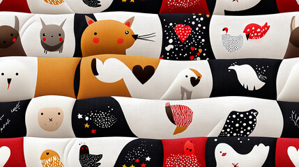Colorful and playful animal patterns create whimsical and cheerful design, featuring various cute creatures like cats, birds, and more, perfect for childrens decor or fabric