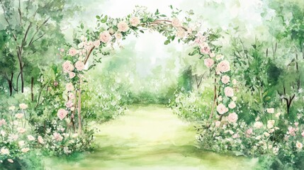 Fototapeta premium Whimsical Garden Wedding Arch with Romantic Floral Archway in Soft Daylight