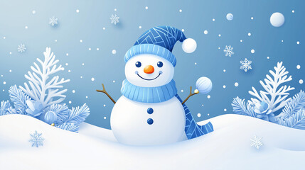 Cheerful snowman wearing a blue hat and scarf in a snowy winter landscape with snowflakes