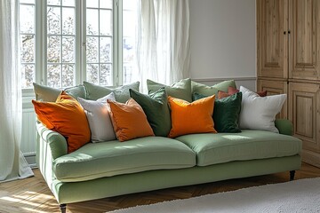 Fototapeta premium A modern interior of the living room, finished with a minimalist, light green sofa and cushioned Scandinavian interior. Generative AI 
