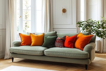A modern interior of the living room, finished with a minimalist, light green sofa and cushioned Scandinavian interior. Generative AI
