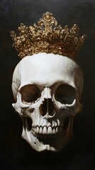 Human skull with a gold crown is resting against a black background, evoking themes of mortality and the fleeting nature of power