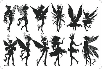 Fairy silhouette collections, Set of fairy silhouettes, Magical fairies silhouettes,Fairy silhouette, Fairy silhouette set, Vector collection of fairies silhouettes