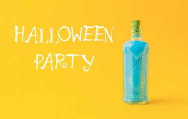 Bottle of blue liquid is on a yellow background with the words Halloween Party