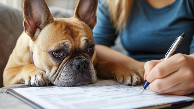 A pet owner filling out a pet insurance form online, with their pet by their side.