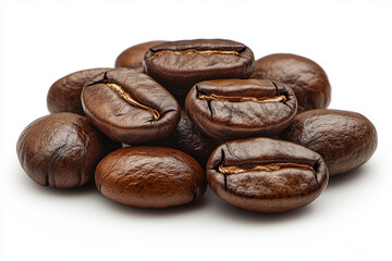 Obraz premium High-Resolution Close-Up of Glossy Roasted Coffee Beans Isolated on White Background