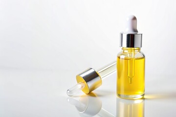 Naklejka premium Cosmetic dropper with yellow anti-aging serum on white background