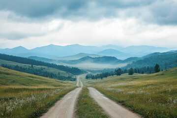 Fototapeta premium Serene country road winding through lush green hills and misty mountains under moody skies