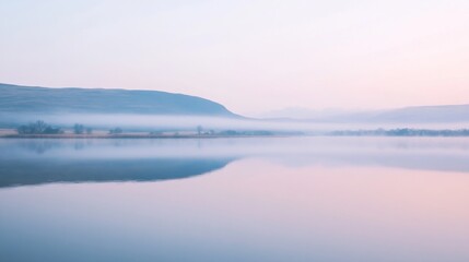 Fototapeta premium Morning mist rises over a tranquil lake, painting the sky in soft pastel colors. Hills and mountains reflect in the calm water, creating a serene atmosphere. Perfect as a peaceful background