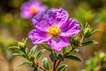 Fototapeta premium Close-up of cistus symphytifolius wild plant with purple flower in natural setting