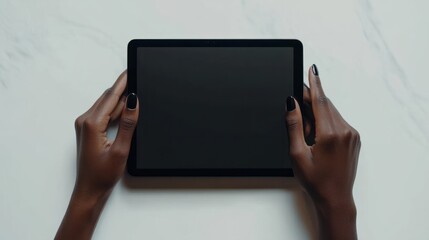 An isolated white background shows hands touching a blank screen of a black tablet computer