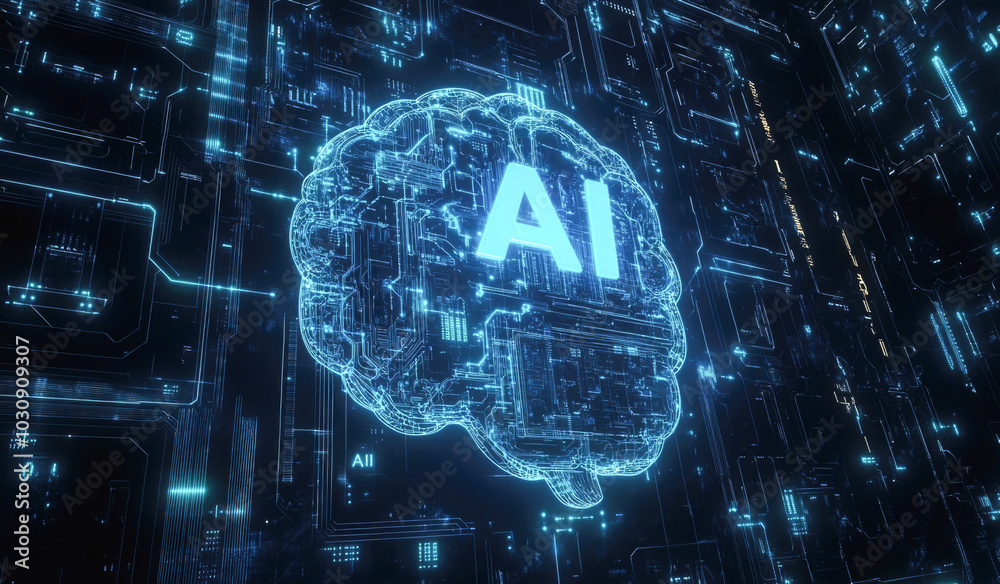 Wall mural futuristic ai brain with circuit patterns and digital technology neon glow