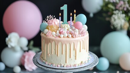 Colorful birthday cake with decor for a first birthday celebration