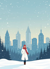 a woman in a white coat is standing in the snow with a city and snowflakes falling in the background