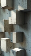 Abstract modern art installation featuring numerous concrete cubes of different sizes casting shadows on the wall behind