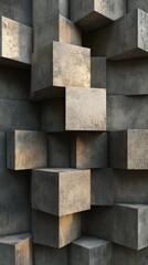 Arranged concrete cubes create a modern architectural background, illuminated by the setting sun. Geometric shapes and patterns add a touch of modernity to the industrial setting