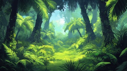 Tropical rainforest with trees and moss 