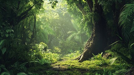 Tropical rainforest with trees and moss 