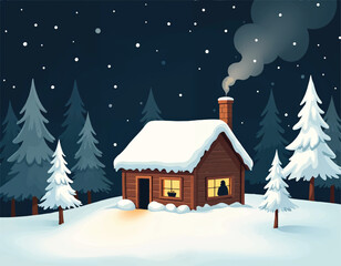 Fototapeta premium a log cabin with a snow covered roof and silhouette of a person inside cabin with snow falling on it