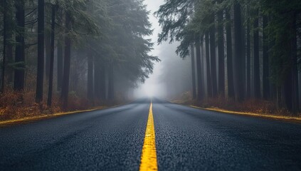 Fototapeta premium Straight Forest Road with Yellow Lines and a Foggy Atmosphere in High-Quality Photography
