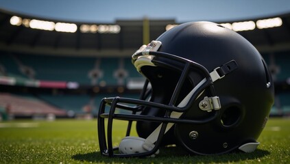 Fototapeta premium Close-up shot of an empty football helmet amidst blurred stadium backdrop emphasizing detailed sports gear and equipment