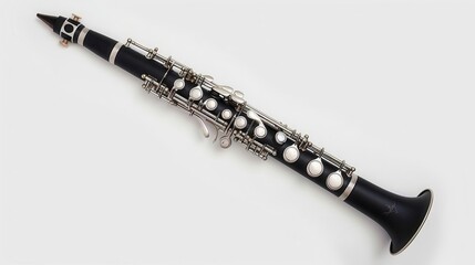 A clarinet clipart, woodwind instrument element, hyper-realistic, black and silver, isolated on white background
