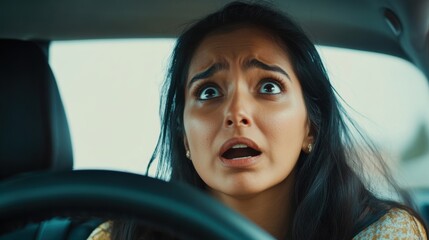 Woman with a shocked expression while driving a car in daylight