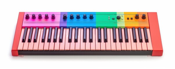 A keyboard synthesizer clipart, electronic music element, neon colors, isolated on white background