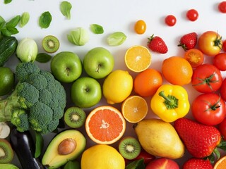 Multicolored fruits and vegetables on a white background