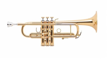 Obraz premium A trumpet clipart, brass instrument element, photorealistic, golden hue, isolated on white background