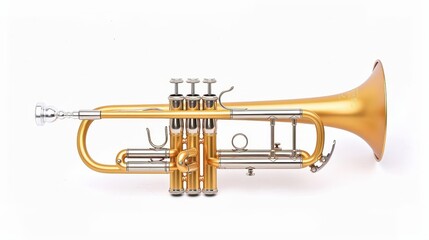 Obraz premium A trumpet clipart, brass instrument element, photorealistic, golden hue, isolated on white background